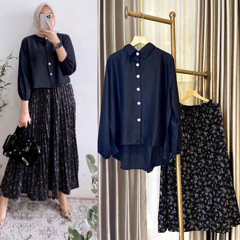 Product image Valencia - Zavika Set Rok - One Set Wanita Kemeja Polo Linen Premium Lengan 7/8 Setelan Wanita Kekinian Rok Pr All Size Zavika Olive