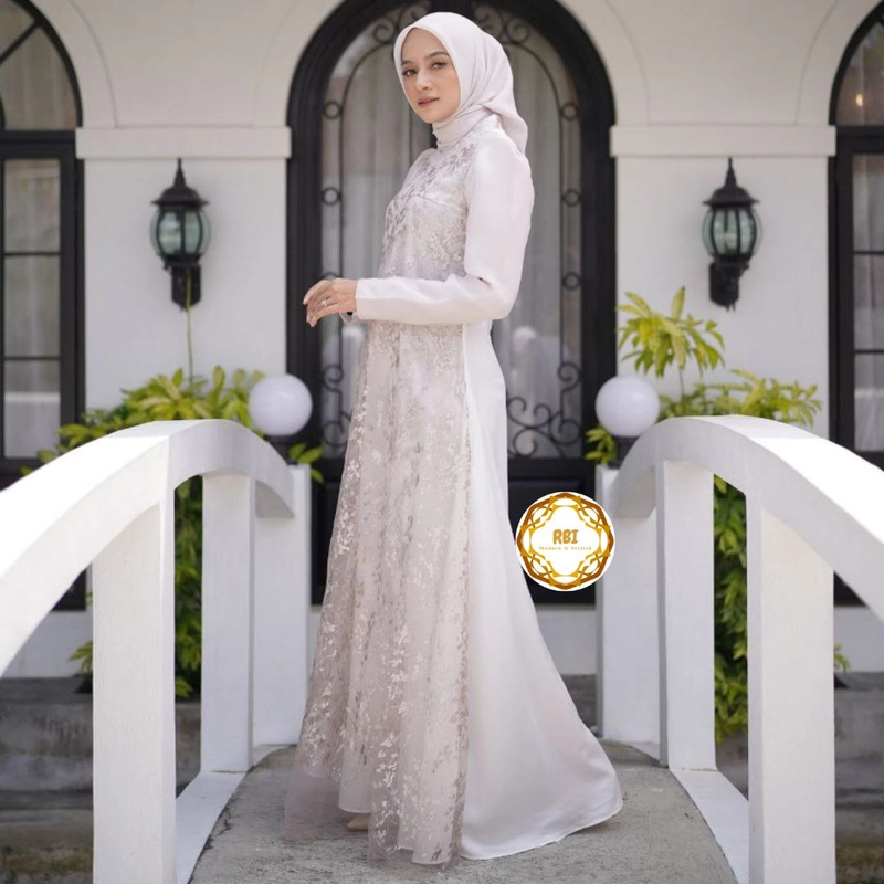 Product image Rambe Batik Indonesia - Gamis Alesya Premium Kain Maksmara Premium Kain Organza Mix Tulle Take All Premium S BROKEN WHITE