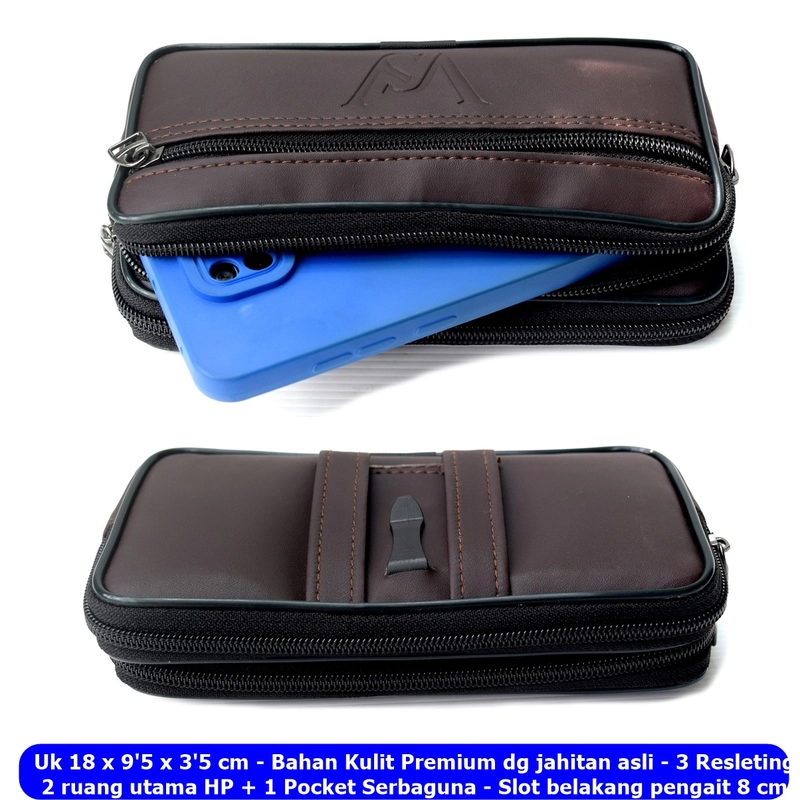 Product image Lanc Fashion - Dompet Pinggang 3Ruang Resleting Hp Pria Emboss ws Golden Jumbo Size Warna Coffee