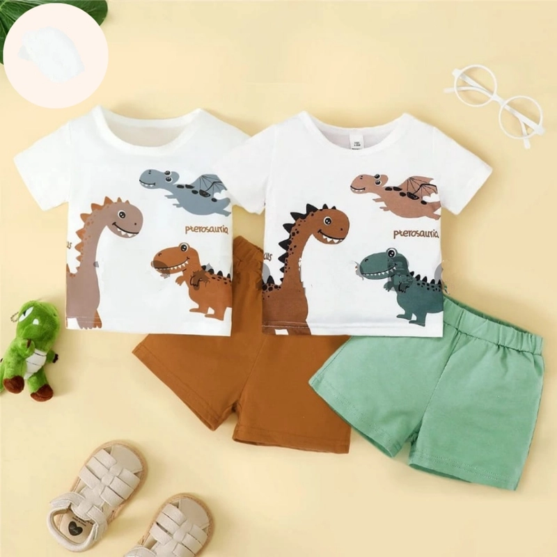 Product image Badia Kids Fashion - Setelan Anak Ran Unisex Dinosaurus Kaos dan Celana Pendek Anak Unisex No4 (3-4 Tahun) Mustard-Putih