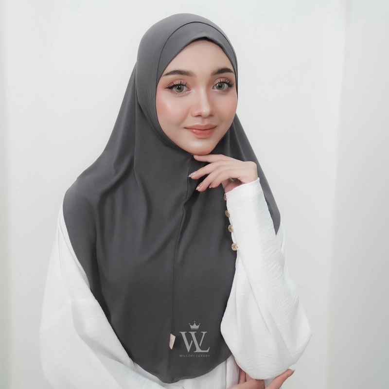 Product image Sakura Baru X Willofi - Hijab Bergo Instan Leoni Rayon Anti UV & Anti Bakteri Kerudung Wanita Terba All Size Charcoal