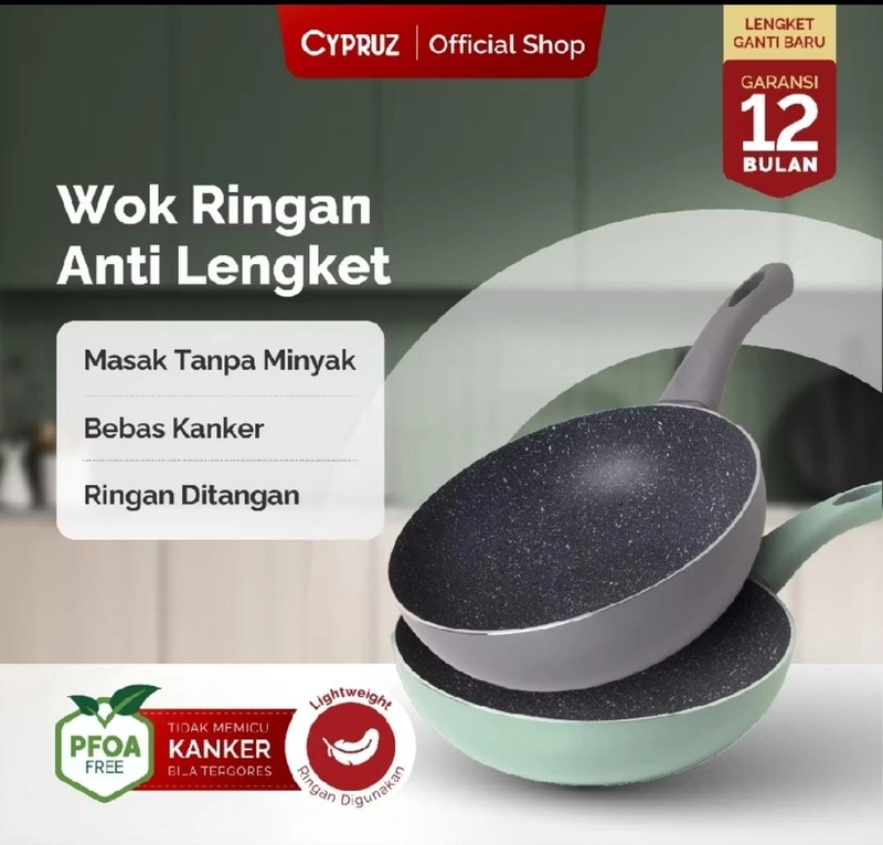 Product image Rizki Electronics - Cypruz Wajan Penggorengan Anti Lengket Fry Wok Featherlight Series 20 CM Grey/Green