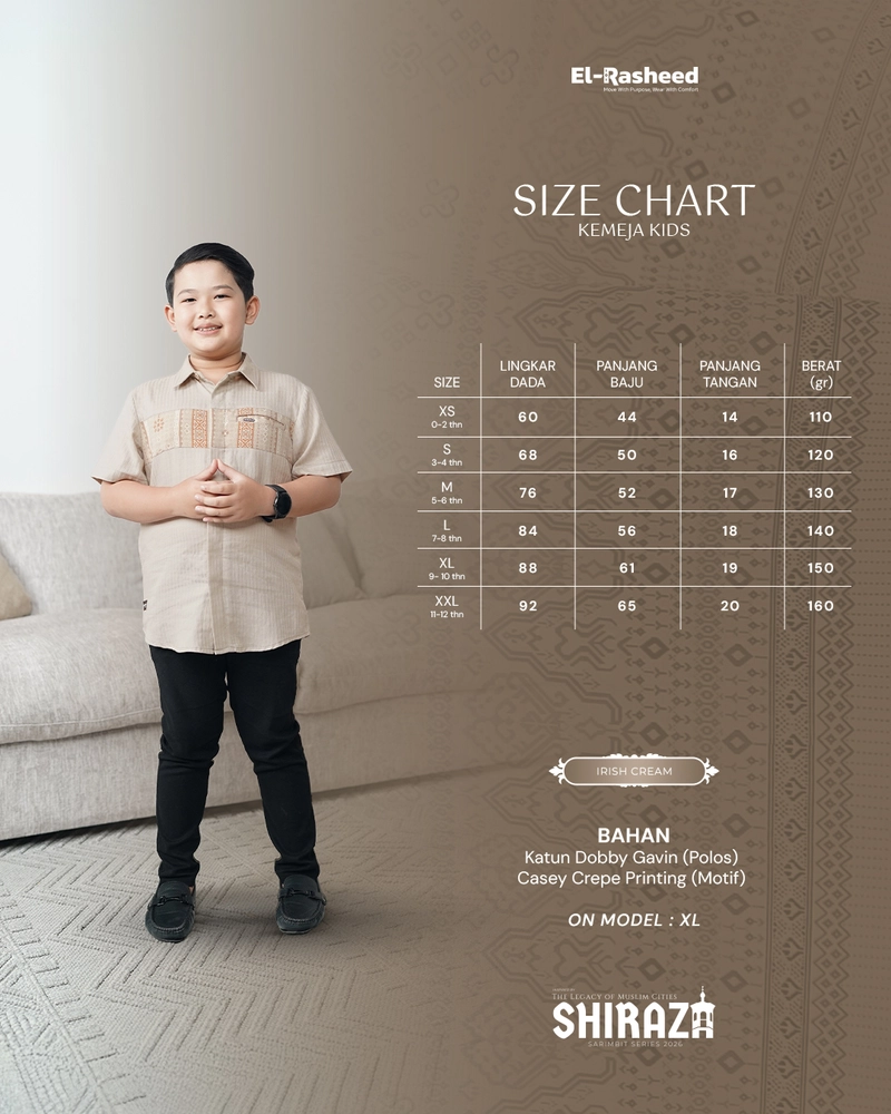 Product image Yasmeera Official - SARIMBIT 2026 SHIRAZA SERIES WARNA IRISH CREAM XS KMJ ANAK L. PENDEK