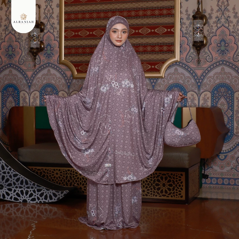 Product image Al Baniah - Mukena Dewasa Zahira Series Jersey Premium Motif Bunga Penutup Dagu Syari Malaysia All Size Dusty Nude