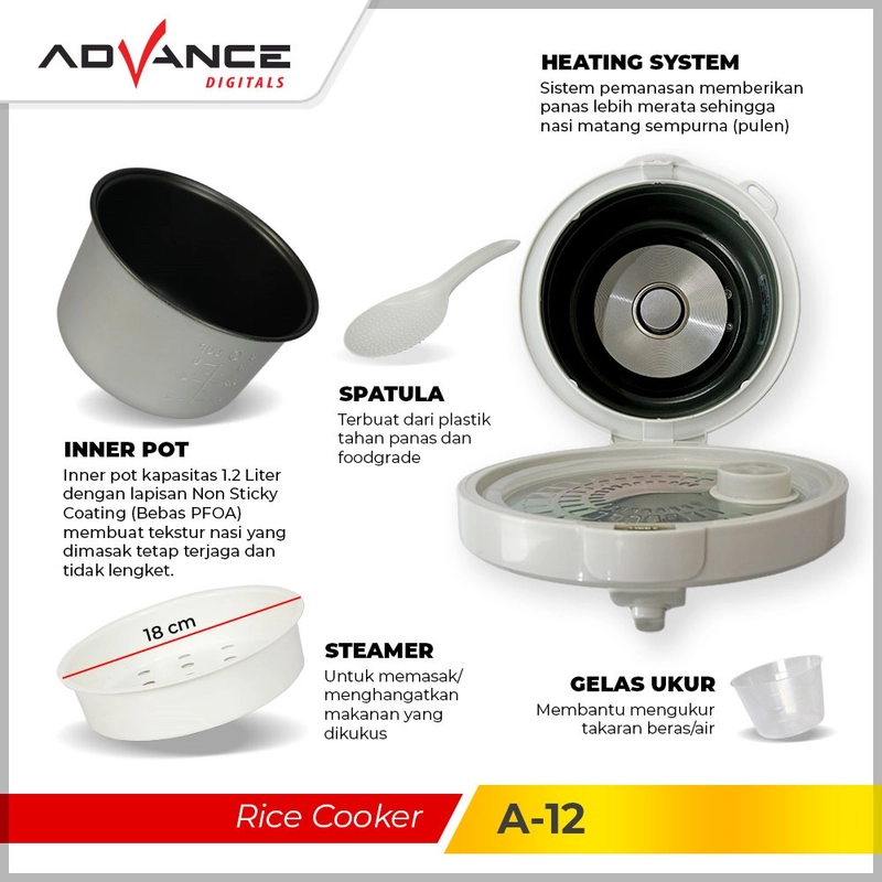 Product image Advance Digitals Indonesia - Rice Cooker Mini A-12 Penanak Nasi Serbaguna 3in1 Listrik Gratis S 1.2 Liter Default