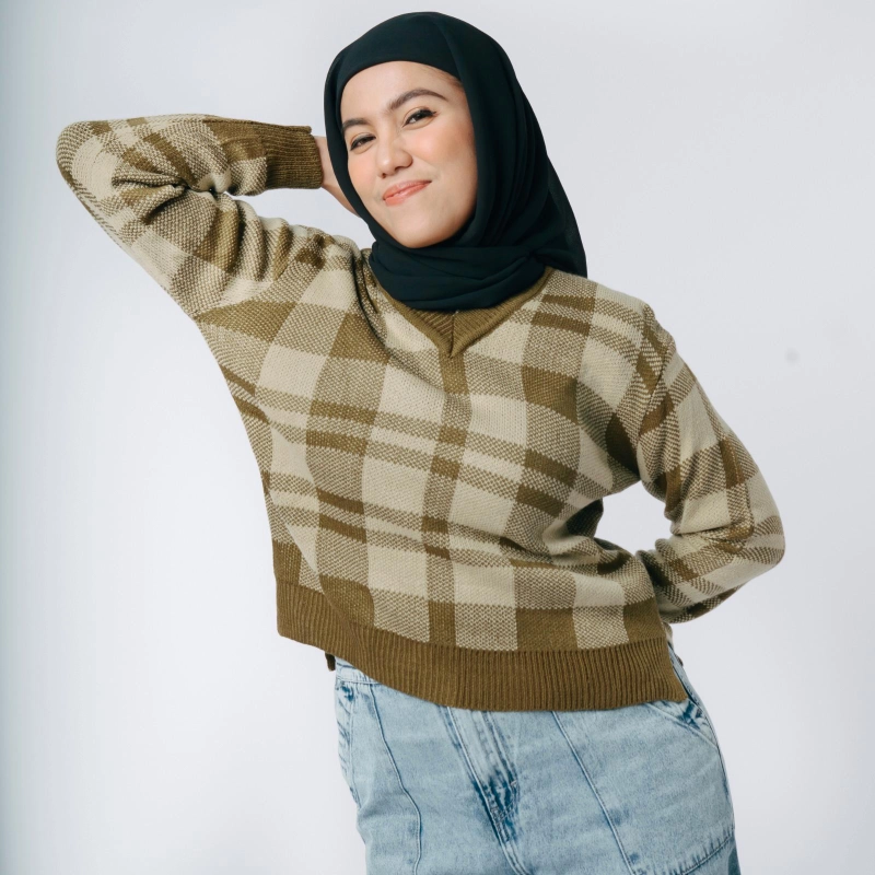 Product image MKY Clothing - [Paket Usaha 12pcs] MKY Clothing - BLUS RAJUT KOTAK-KOTAK V NECK LENGAN PANJANG HITAM ONE SIZE