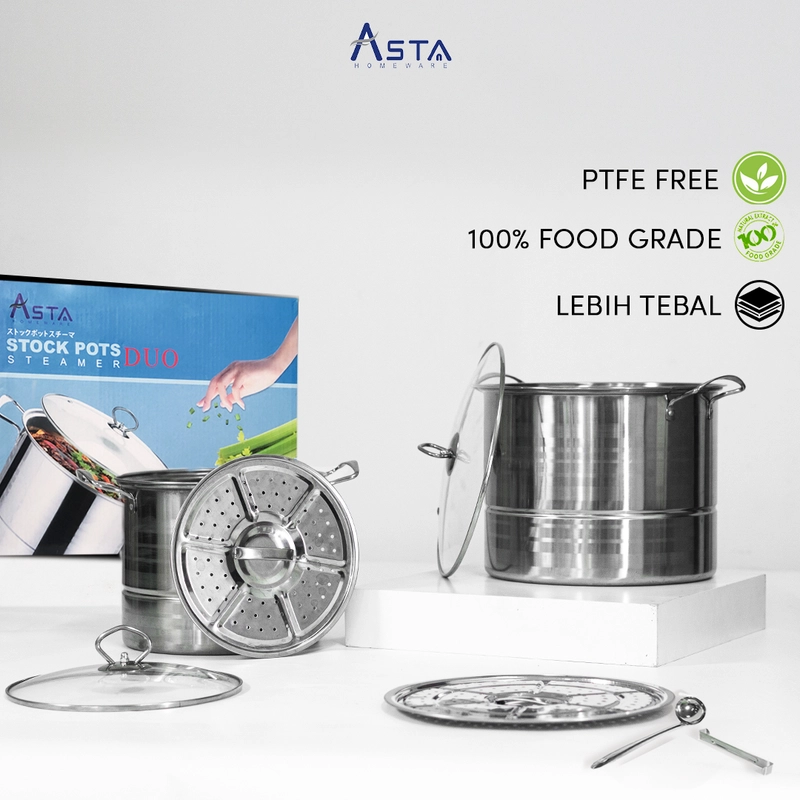 Product image Asta Dandang Kukusan Stainless Stock Pot Steamer Tutup Kaca Tebal Set 2 pcs Warna Grey ASSP-02
