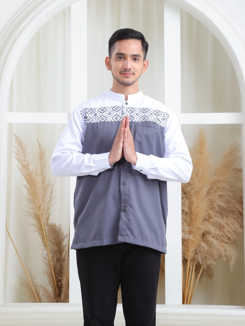 Product image MOSQU MOSLEM QUALITY - [PO] Baju Koko Dewasa Lengan Panjang Model Khaleed S Putih-Abu