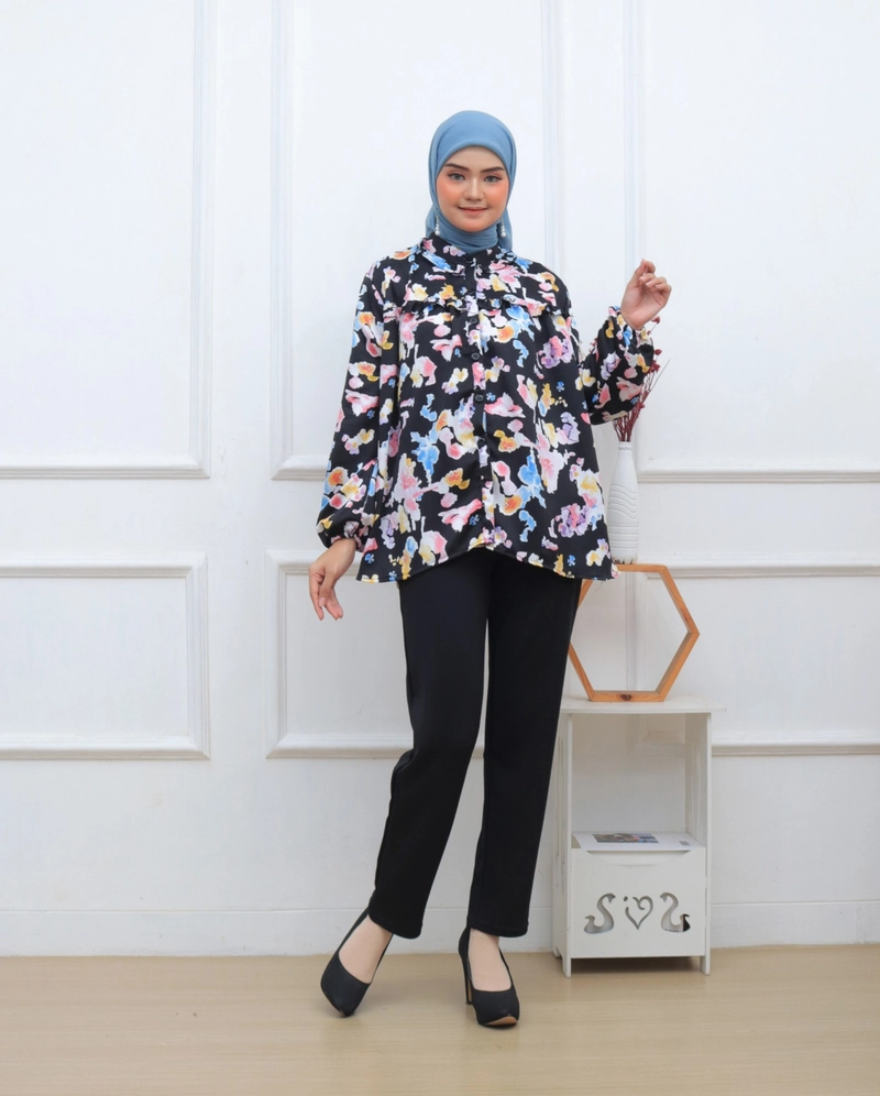 Product image Giat Makmur [TA] - Blouse Atasan Premium Kerah Bulat Rempel Allsize Hitam