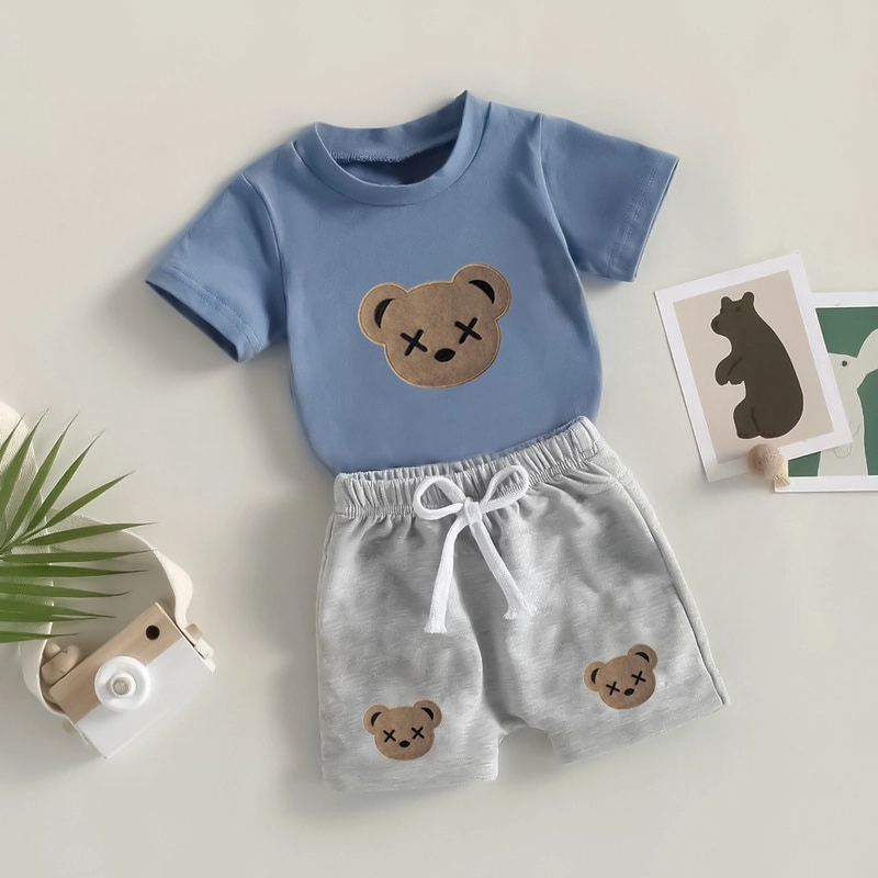 Product image Badia Kids Fashion - Setelan Set Anak Leddo Unisex Kaos dan Celana Pendek Anak Unisex No2 (1 Tahun) Biru Combi Abu