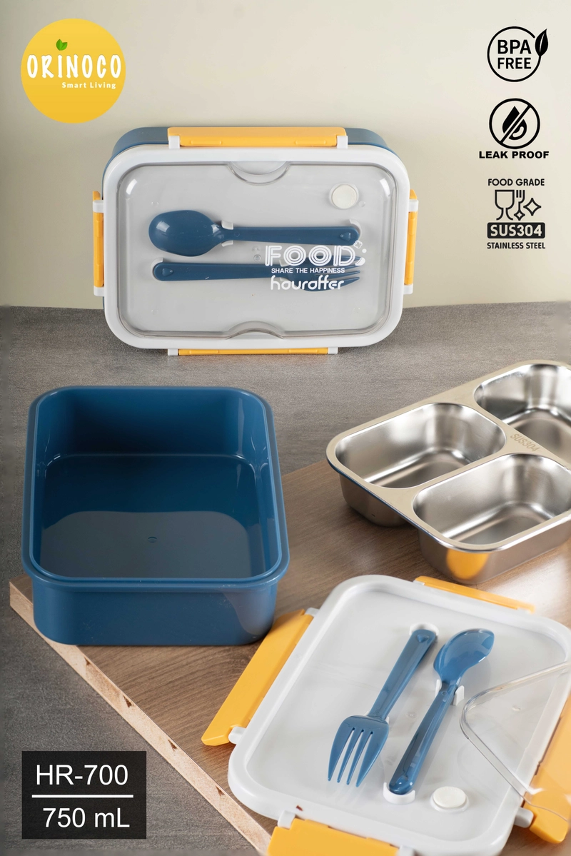 Product image Houroffer HR-700 Lunchbox Stainless 3 Sekat Anti Bocor Anti Campur 750 ML dengan Sendok & Garpu 750 Navy Yellow