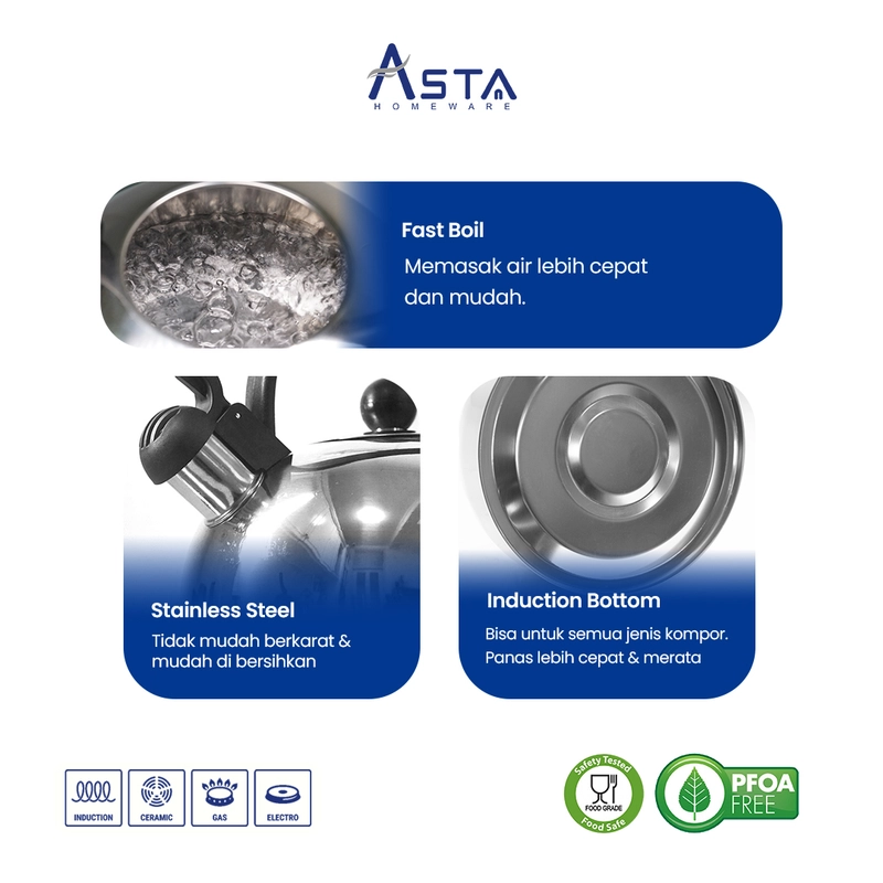 Product image Asta Teko Siul Stainless Steel Whistling Kettle 3 Liter Warna Full Stainless