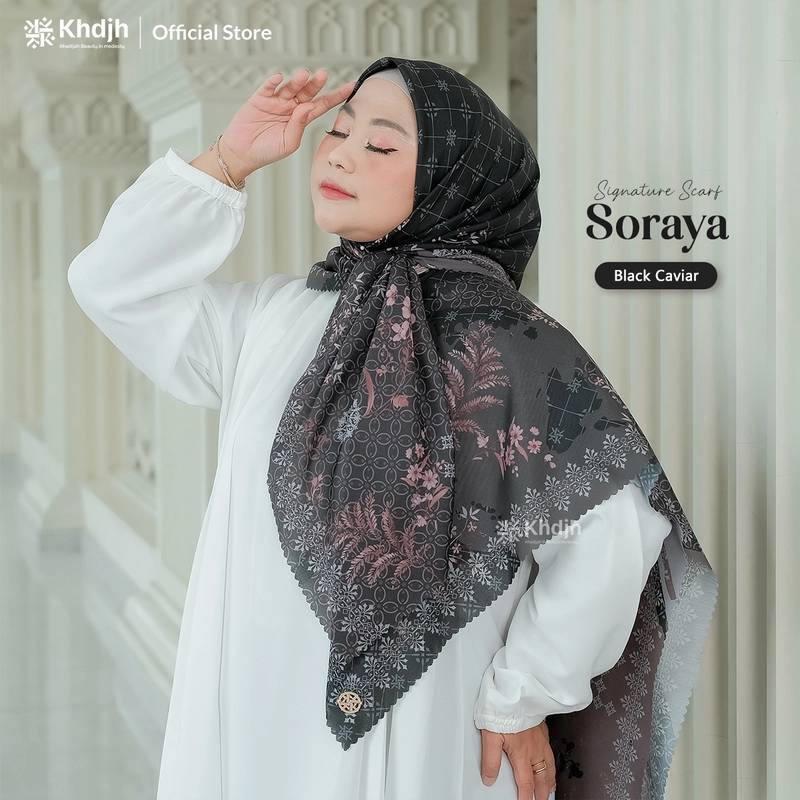 Product image KhadijahLabel - Hijab Segi Empat Printing Hijab Voal Scarf Premium Hijab Terbaru Motif Soraya 115x115 Black Caviar