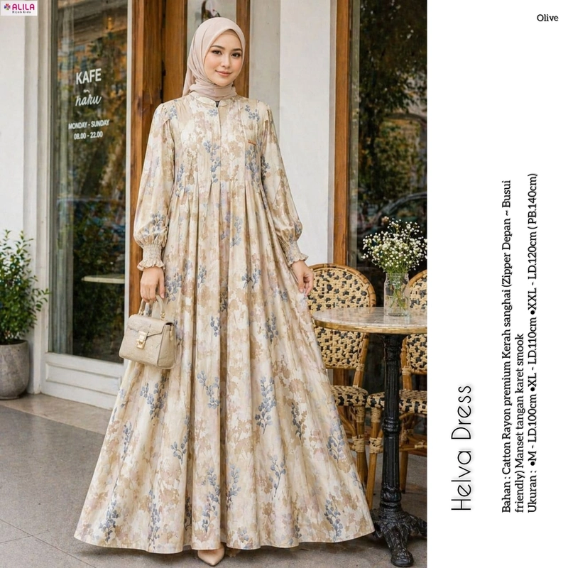 Product image Griya Busanaku Solo - Helva dress wanita muslim bahan rayon premium M (LD 100cm) Olive