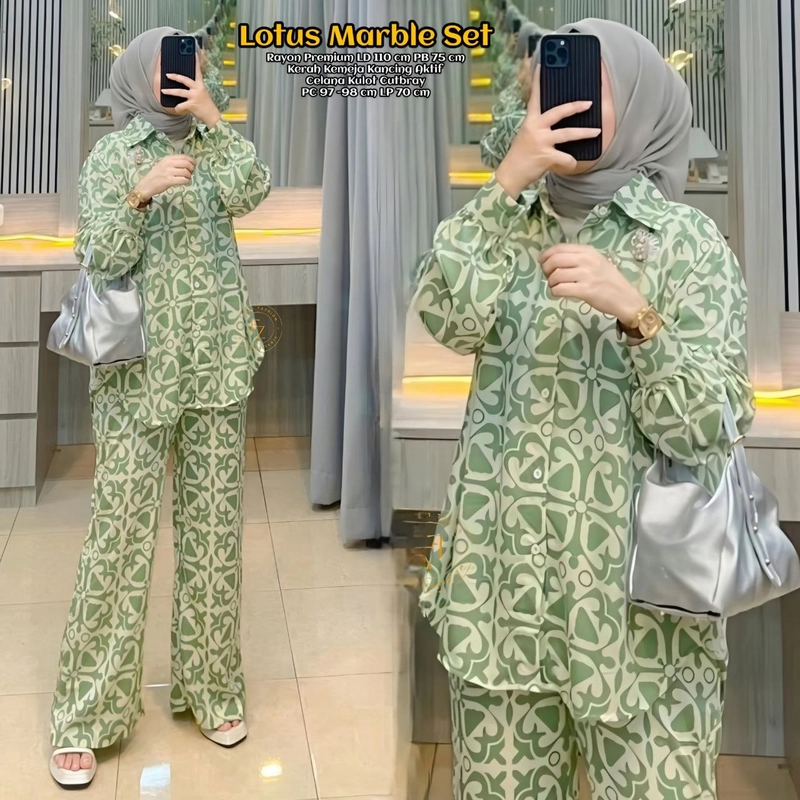 Product image Valencia - Lotus Set One Set Wanita Kekinian Rayon Kemeja Baju Setelan Wanita Celana Kulot Cutbray All Size Lotus Marble Green