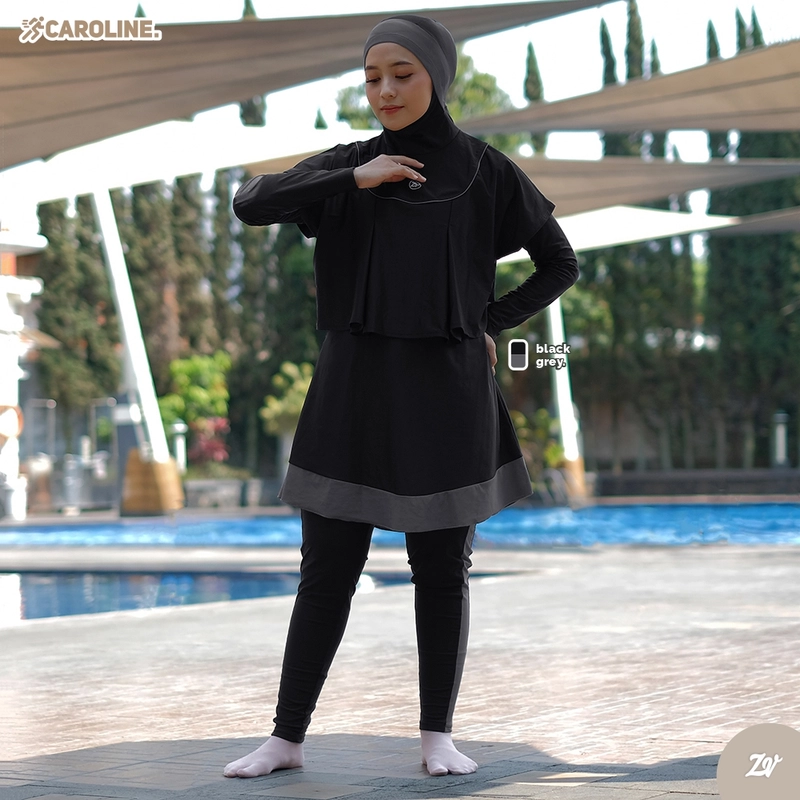 Product image Zaneva Hijab - Caroline Swimwear Setelan Renang Muslimah Syari Atas Bawah STANDAR BLACK X GREY