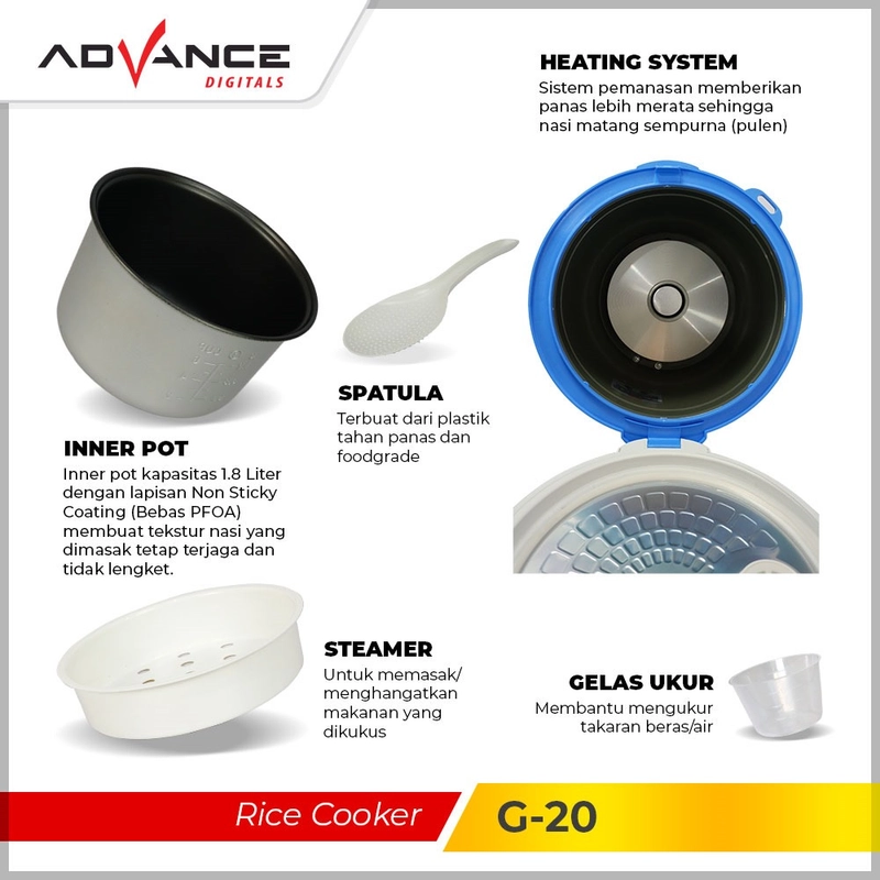 Product image Advance Digitals Indonesia - Rice Cooker Advance G20 380W 3in1 Penanak Nasi / Magic Com 1.8 Liter Blue