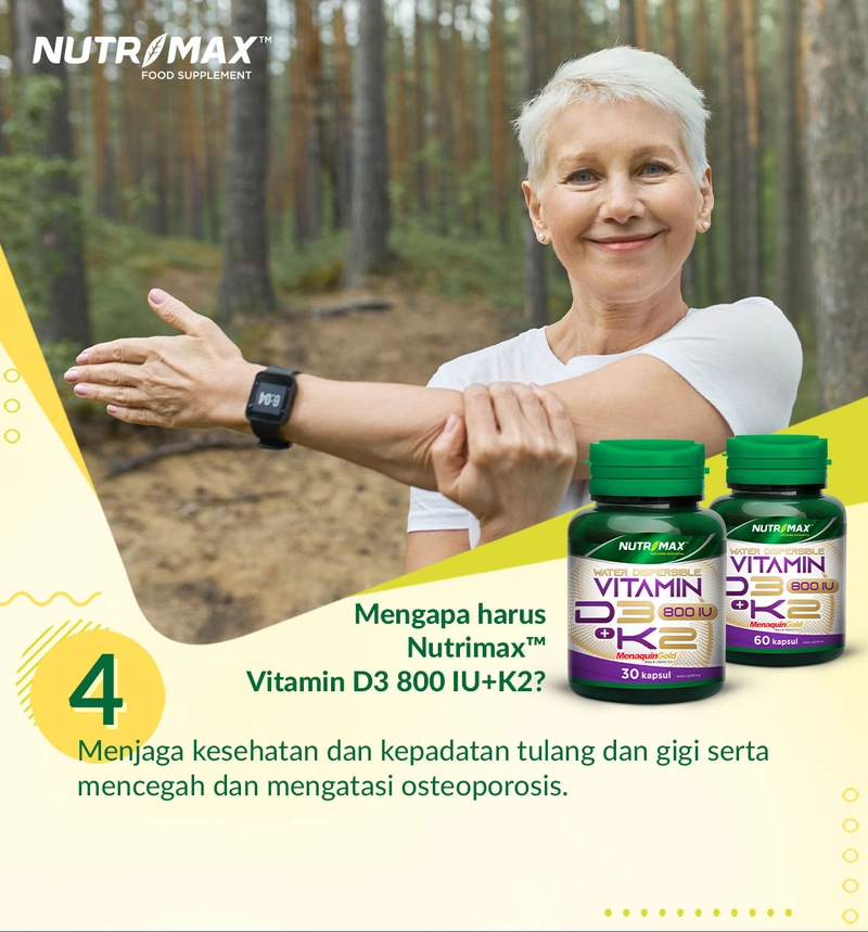 Product image Nutrimax Water Dispersible Vitamin D3 + K2 Kalsium Calcium Kesehatan Tulang Osteoporosis Lansia Isi 30 Naturecaps