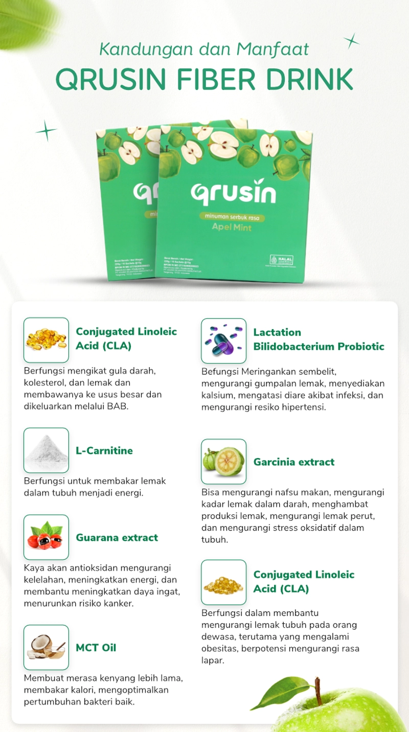 Product image Qrusin - Qrusin Fiber Minuman Serat Pelangsing Penurun BB Pelancar BAB 10 Sachet 10 sachet apel