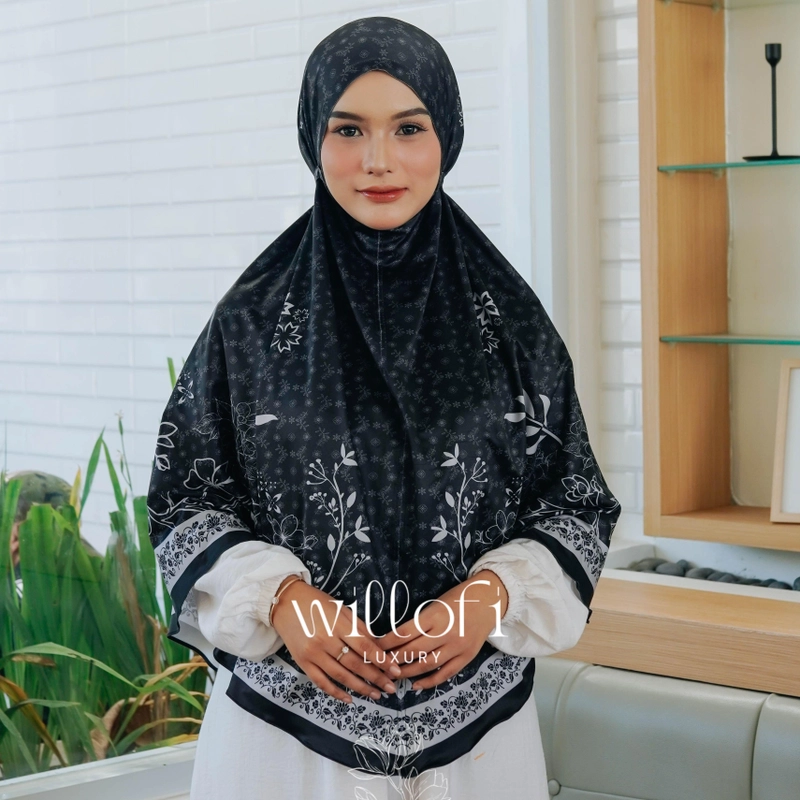 Product image Sakura BaruXWillofi - Hijab Instan Bergo Tali Non Pad Jumbo Motif Daisy Khimar Simple Muslim Dewas Jumbo Hitam