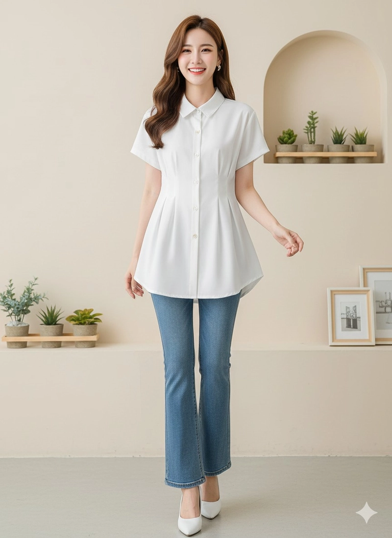 Product image Sseolshop - Sofia kemeja atasan wanita warna putih lengan pendek modis bahan sabrina lembut adem L Bw