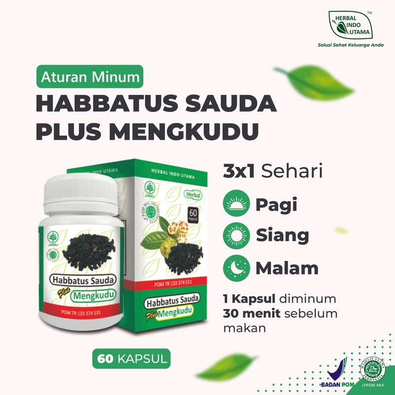 Product image Herbal Indo Utama - HABBATUSSAUDA PLUS MENGKUDU Melegakan Penyakit Asma Herbal Indo Utama 60 Kapsul H.Plus Mengkudu