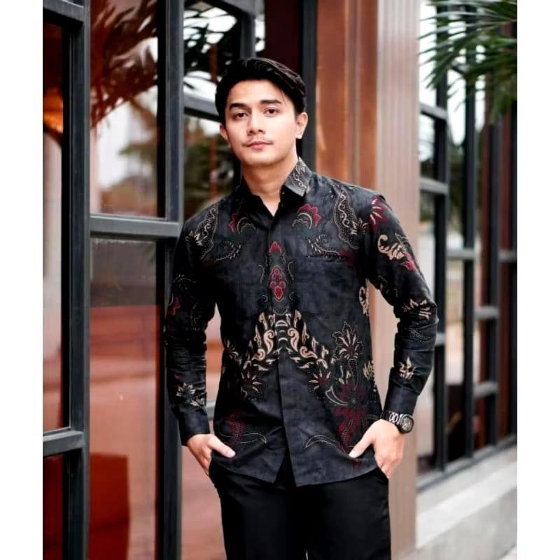 Product image Batik Alfin - Kemejan Batik pria dewasa Lengan panjang modern terbaru keren banget M Kemejan Hitam