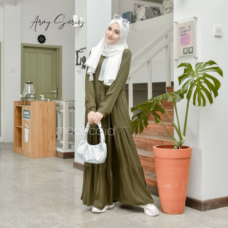 Product image mocaca id - Gamis Polos Premium Babydoll Lady Dress Rayon Twill Full Kancing Hidup Busui Army ALL SIZE ARMY