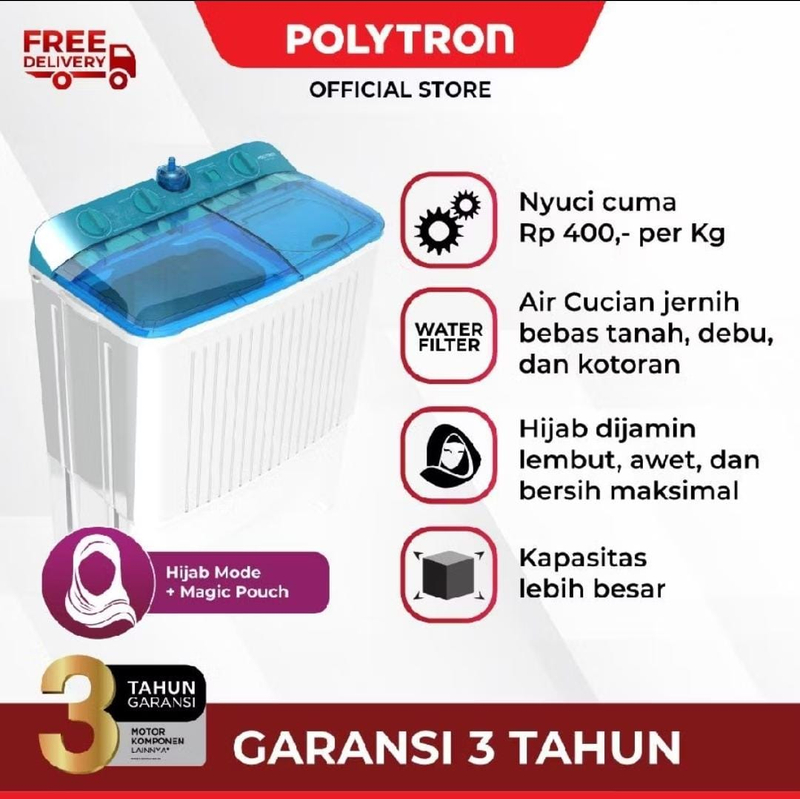 Product image Rizki Electronics - Mesin Cuci 2 Tabung Polytron 8 kg Twin Tub PWN-8072N/B 8 kg merah