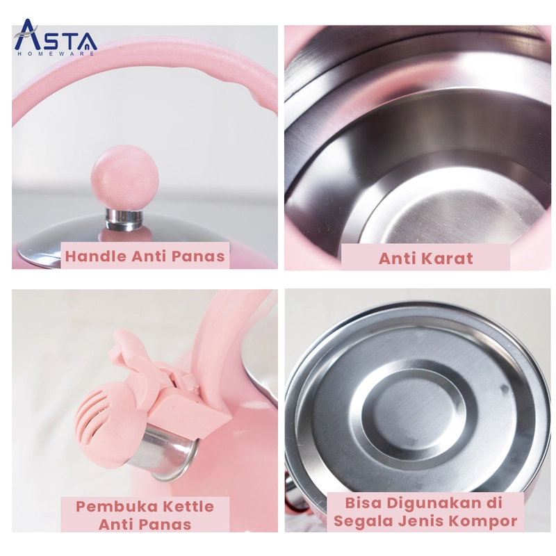 Product image Asta Teko Siul Stainless Steel Whistling Kettle 3 Liter Warna Full Pink