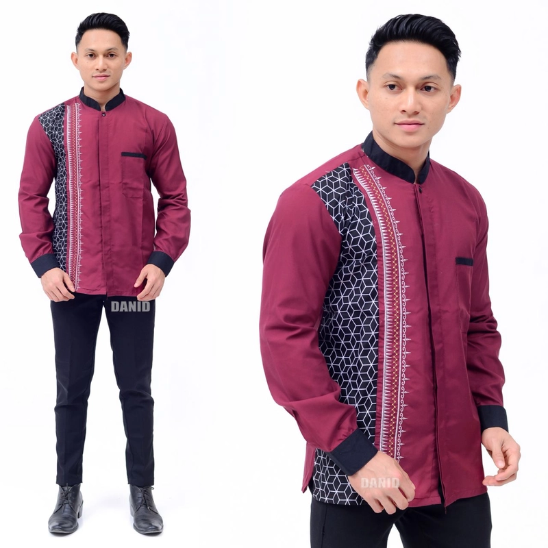 Product image Batik Alfin - Baju koko bordir kombinasi batik Lengan panjang bagus banget M Maron