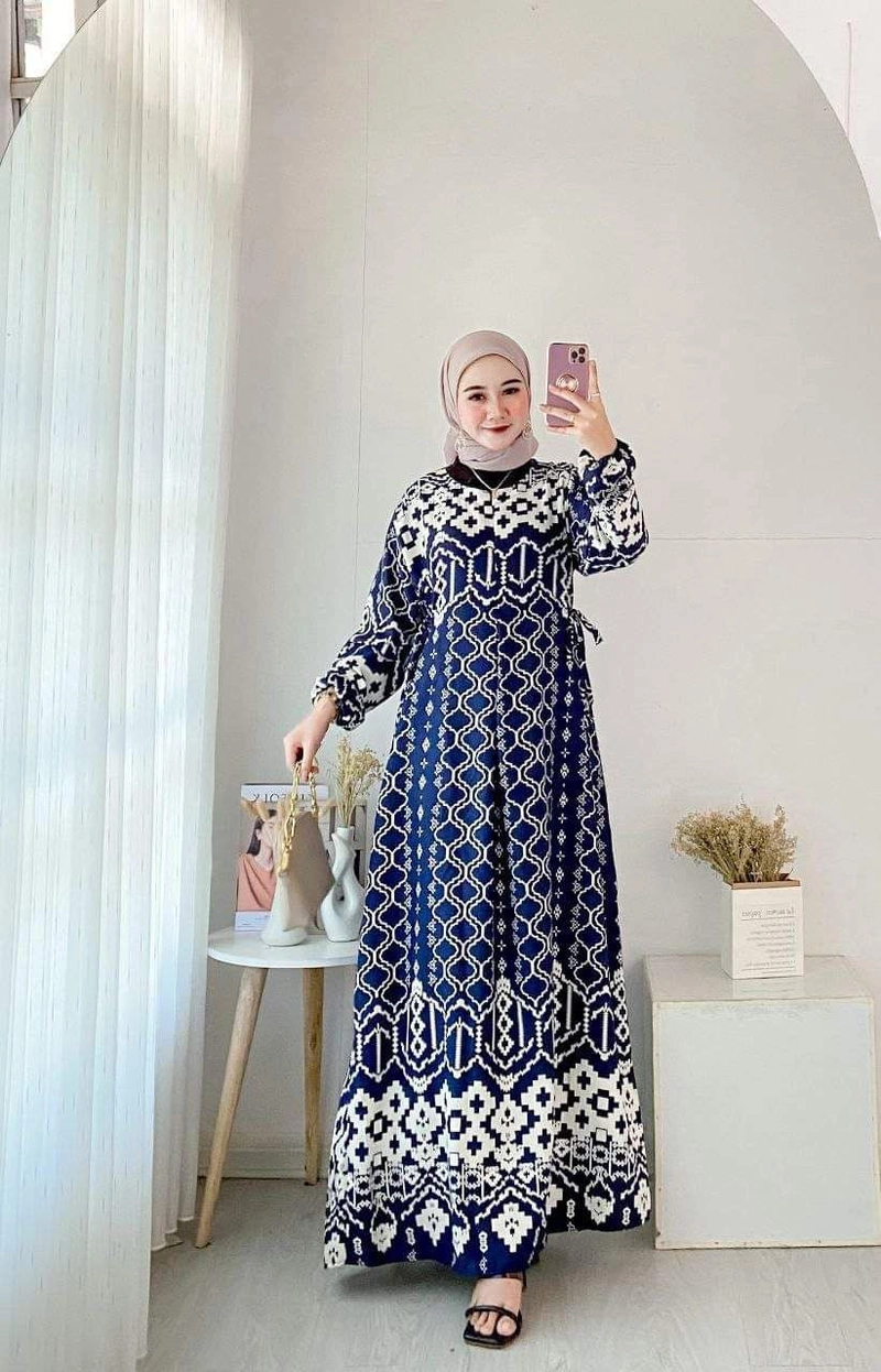 Product image Ethnik Gamis Terbaru Maxmara Lux Ori Premium Dress Wanita Lengan Panjang Maxi Dress Kekinian LD 112 cm All Size Navy