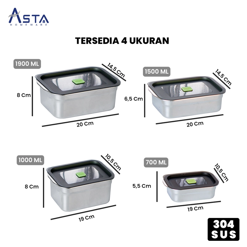 Product image Asta Wadah Penyimpanan Makanan Stainless Steel 304 Food Container Kedap Udara Ukuran 700ml