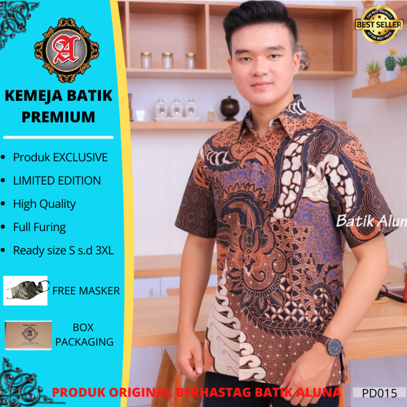 Product image Batik aluna - Pd015 Kemeja baju batik pria lengan pendek premium full furing free masker S M L XL S BATIK