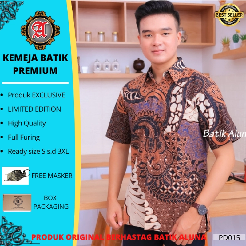 Product image Batik aluna - Pd015 Kemeja baju batik pria lengan pendek premium full furing free masker S M L XL S BATIK