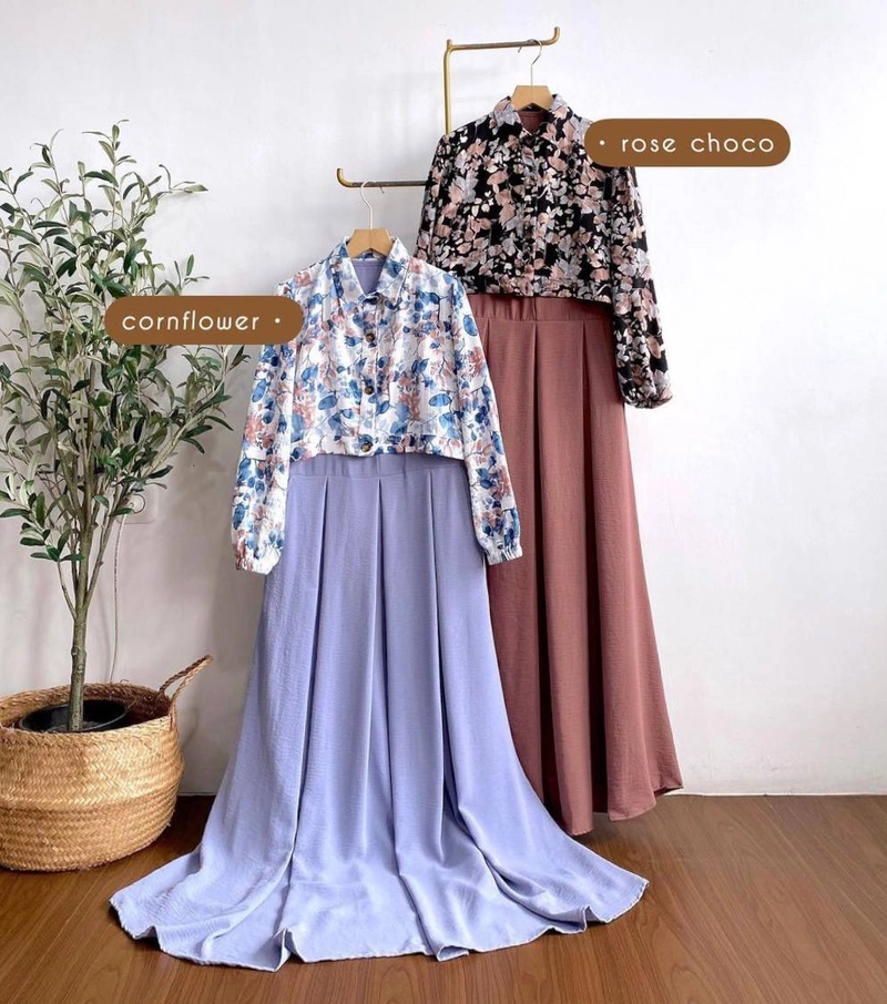 Product image Valencia - Rinara Dress Set - One Set Wanita Crinkle Airflow Premium Setelan Wanita outer Lengan Panjang Motif All Size Rose Choco