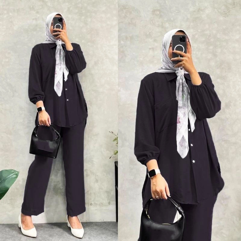 MEQA DAILY - MEGA DAILY - Amanda Setelan Wanita Crinkle Airflow All Size Hitam