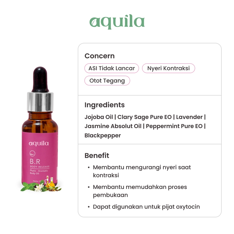 Product image Aquila Body Release/Birtha Release/Mengurangi Nyeri Konstraksi/ASI Booster Oil 20ml all skin type