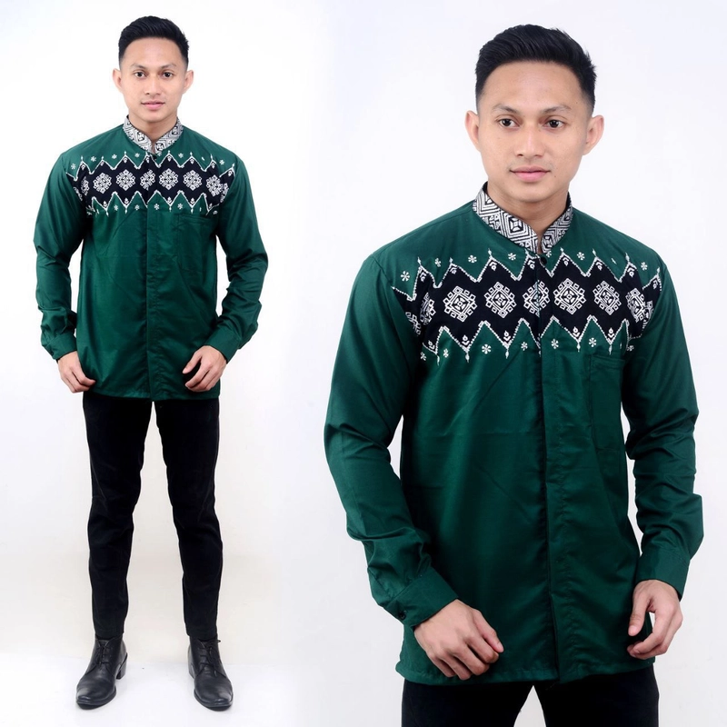 Product image Batik Alfin - Baju koko Bordir kombinasi batik Lengan panjang bagus banget 070 M Hijau