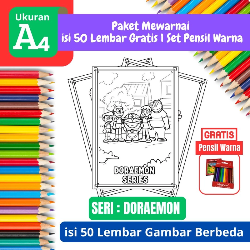Product image FEID Store - [ EDISI DORAEMON ] Promo Paket Mewarnai isi 50 Lembar Gratis 1 Set Pensil Warna - A4 Tebal A4 TEBAL