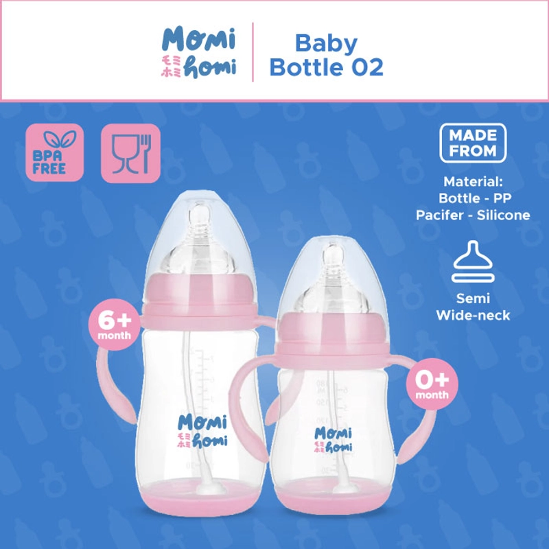 Product image MOMI HOMI - BOTOL DOT SUSU BAYI 02 DENGAN GAGANG DAN SEDOTAN 180ML 240ML 180 ml Pink