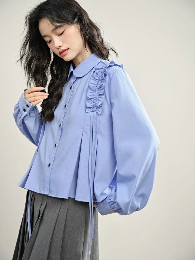 Product image Sseolshop - Kemeja wanita serut pundak / kemeja putih wanita jumbo / baju atasan wanita terbaru L Biru