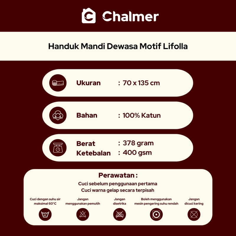 Product image Chalmer - Handuk Mandi Chalmer 70 x 135 cm Motif Lifolla Handuk Mandi Dewasa Ukuran Besar 70 x 135 cm Marun