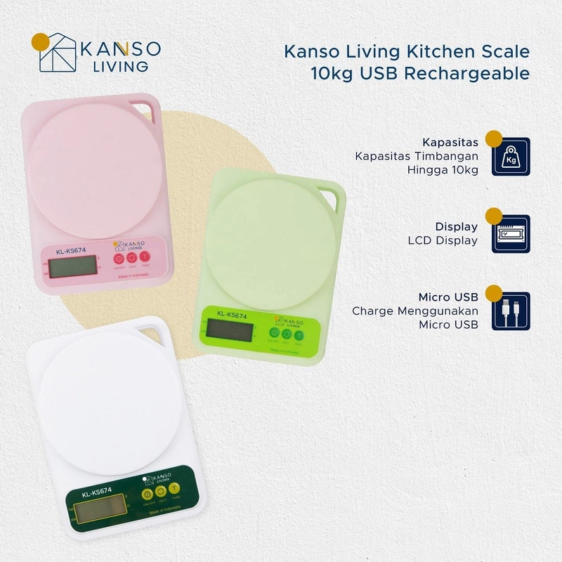 Product image Kanso Living - Kanso Living 10kg Timbangan Dapur Digital Rechargeable KL-KS674 500 Putih
