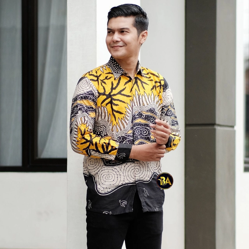 Product image Batik Alfin - Baju atasan muslim Couple kemejan dan Tunik motif Akar kuning model kekinian terbaru M Kemejan-kuning