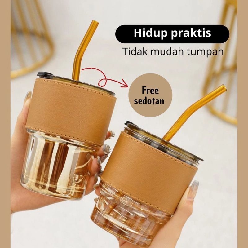 Product image Blooming Deal - Tumbler Gelas Aesthetic Gelas Minum Kaca Elegan Bonus Sedotan Kaca 400ml P90-1 GOLD