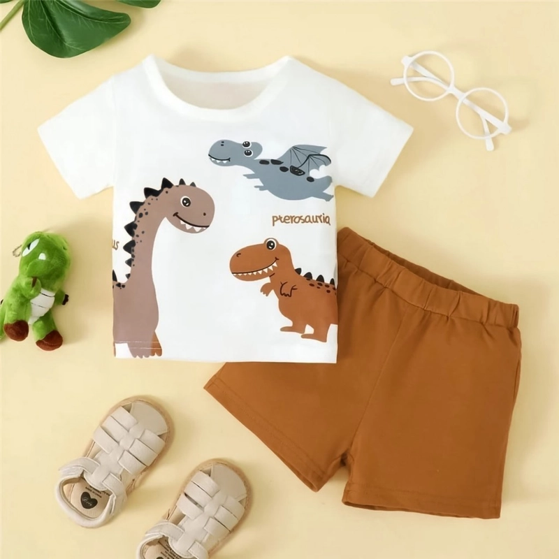 Product image Badia Kids Fashion - Setelan Anak Ran Unisex Dinosaurus Kaos dan Celana Pendek Anak Unisex No4 (3-4 Tahun) Mustard-Putih