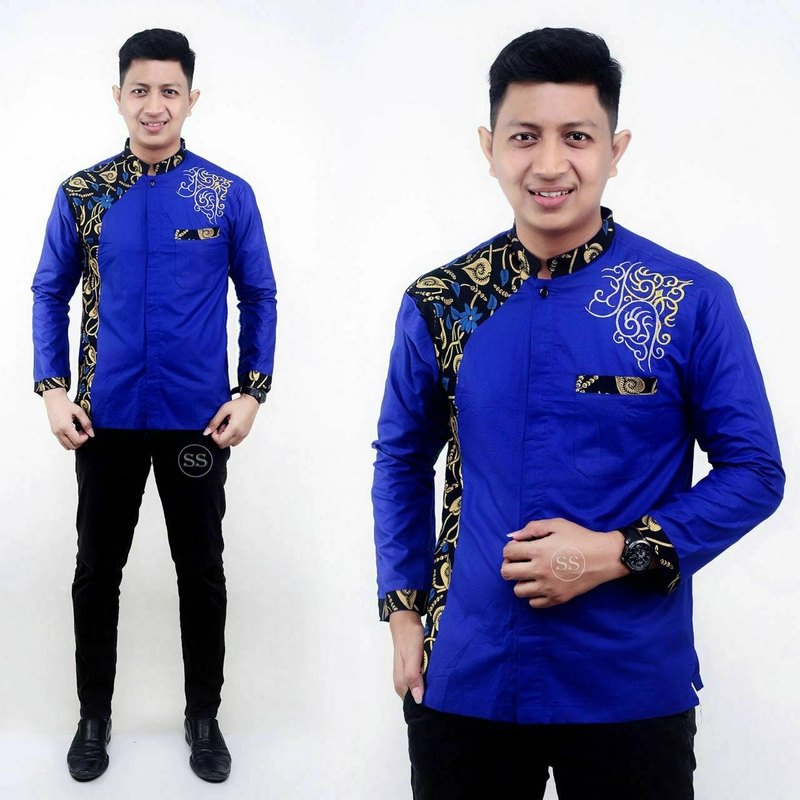 Product image Batik Alfin - Baju koko muslim bordir kombinasi batik keren banget M Biru