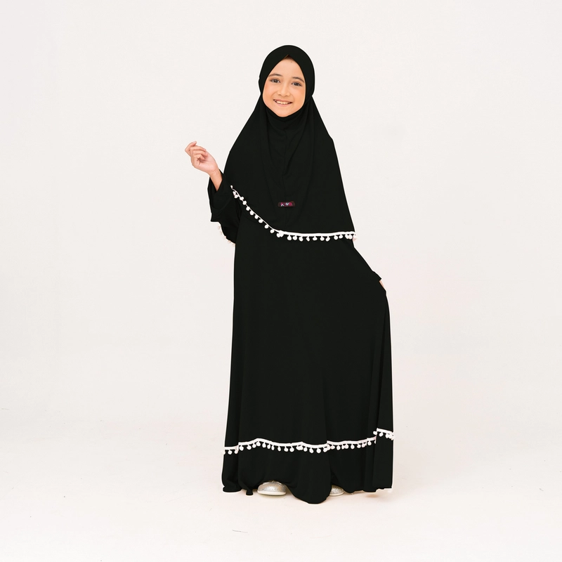 Product image Kakakeyza official - Gamis anak pompom set hijab untuk usia anak 1 sd 7 tahun XS hitam