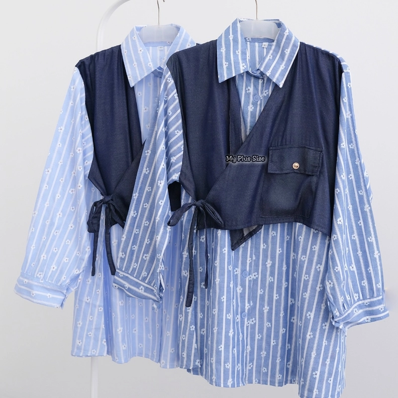 Product image My Plus Size - Kemeja Stripes Rompi Modern Jumbo Wanita 3866 Ld 125 cm / 135 & 145 cm / Kemeja Stripes Vest Jumbo 2XL BLUE